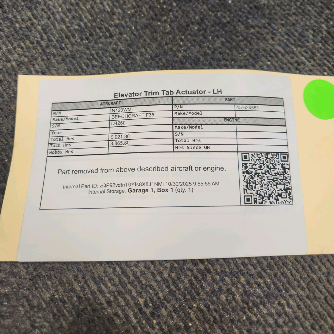 Used aircraft parts for sale, 45-524561 BEECHCRAFT F35 Elevator Trim Tab Actuator - LH