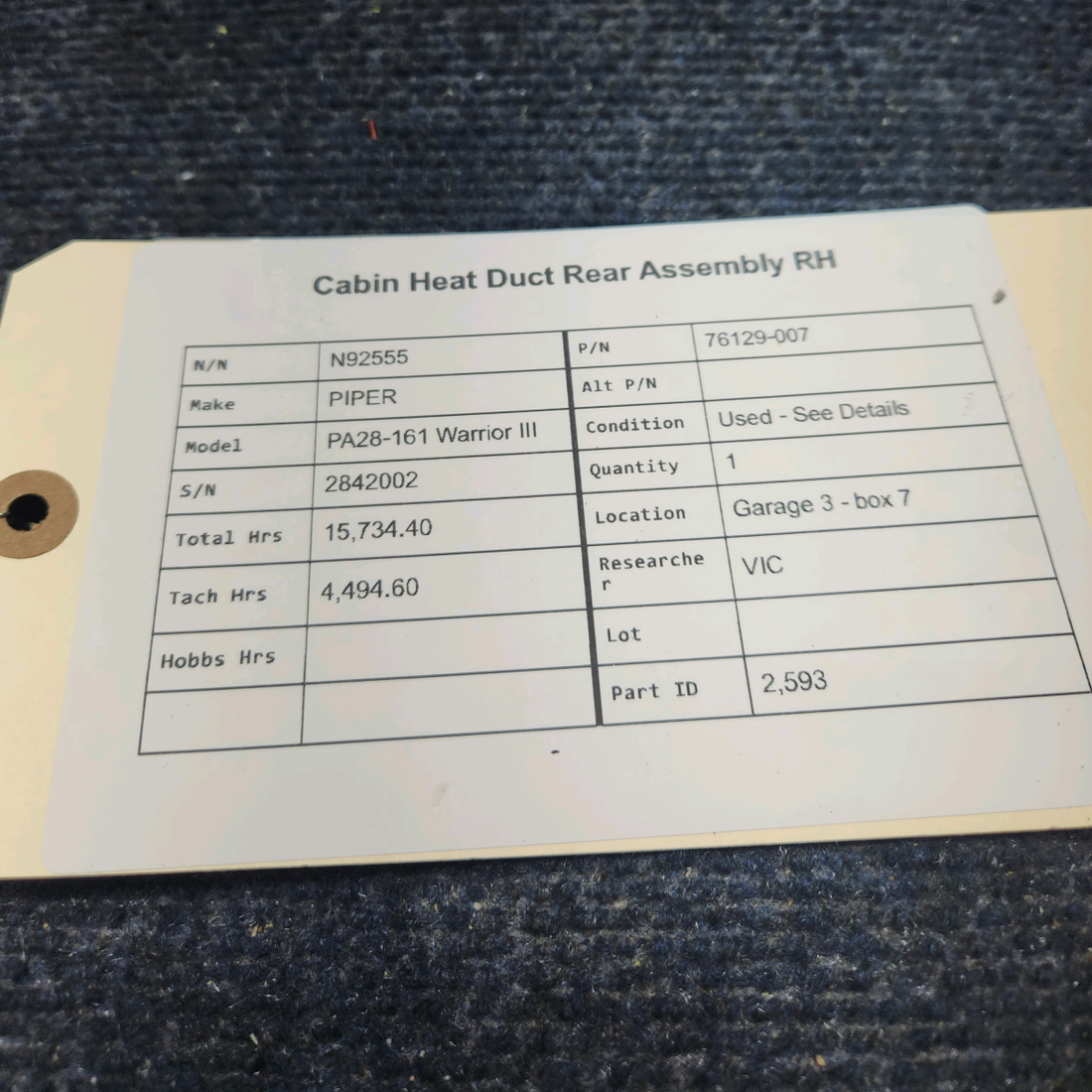 Used aircraft parts for sale, 76129-007 PIPER PA28-161 Warrior III CABIN HEAT DUCT REAR ASSEMBLY RH