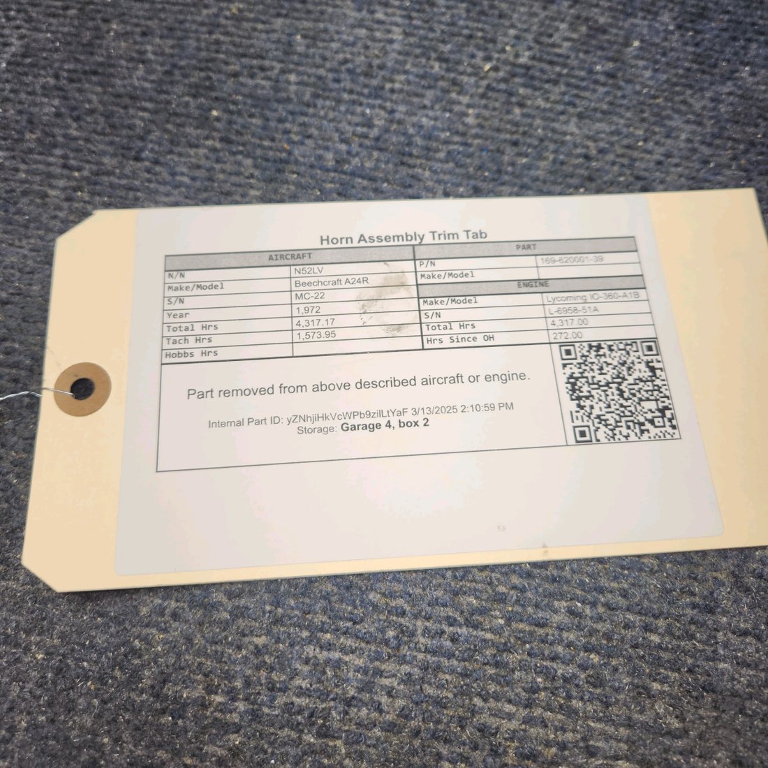 Used aircraft parts for sale, 169-620001-39 Beechcraft A24R Horn Assembly Trim Tab