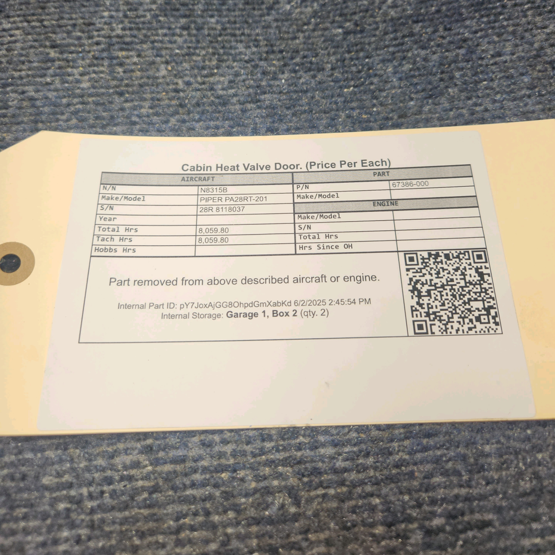 Used aircraft parts for sale, 67386-000 PIPER PA28RT-201 Cabin Heat Valve Door - Price per Each