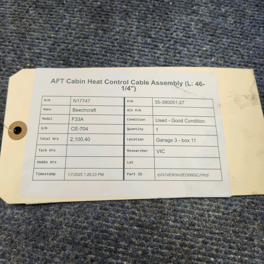 Used aircraft parts for sale, 35-380051-27 Beechcraft F33A AFT CABIN HEAT CONTROL CABLE ASSEMBLY (L: 46-1/4")