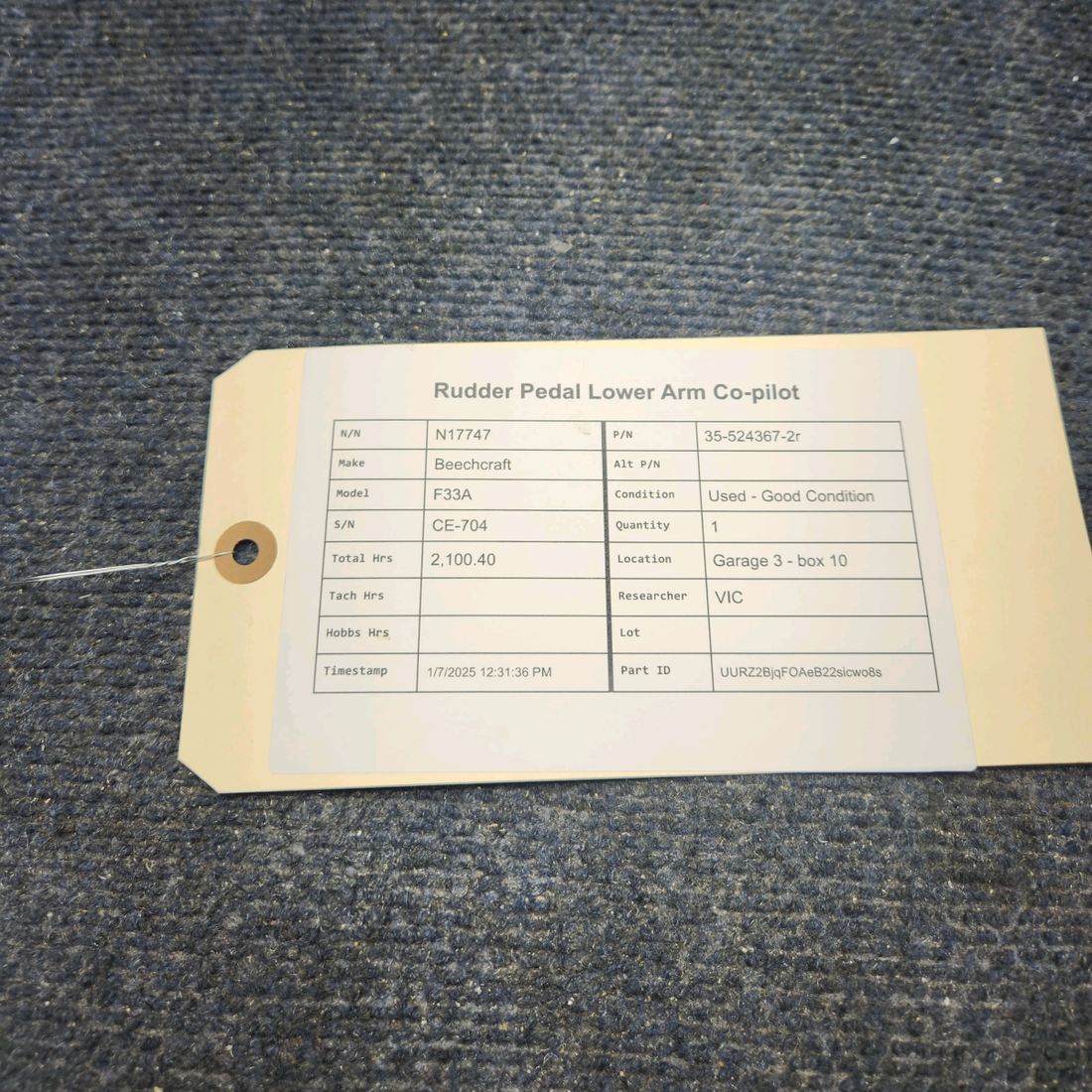 Used aircraft parts for sale, 35-524367-2r Beechcraft F33A RUDDER PEDAL LOWER ARM CO-PILOT