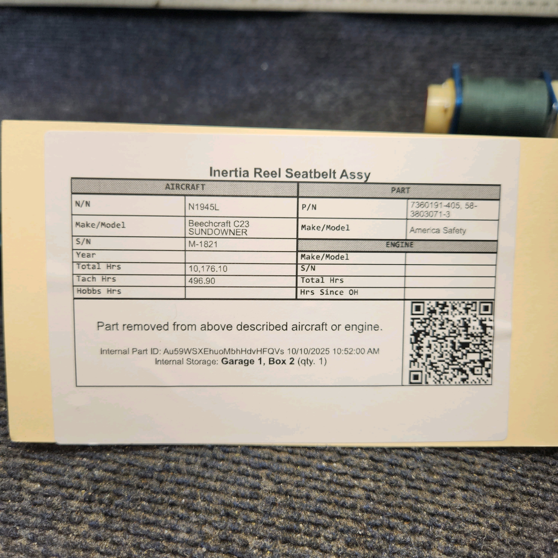 Used aircraft parts for sale, 7360191-405 America Safety Beechcraft C23 SUNDOWNER Inertia Reel Seatbelt Assembly