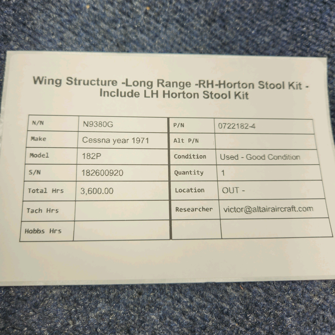 Used aircraft parts for sale, 0722182-4 Cessna year 1971 182P WING STRUCTURE LONG RANGE RH HORTON STOOL KIT INCLUDE LH HORTON STOOL KIT
