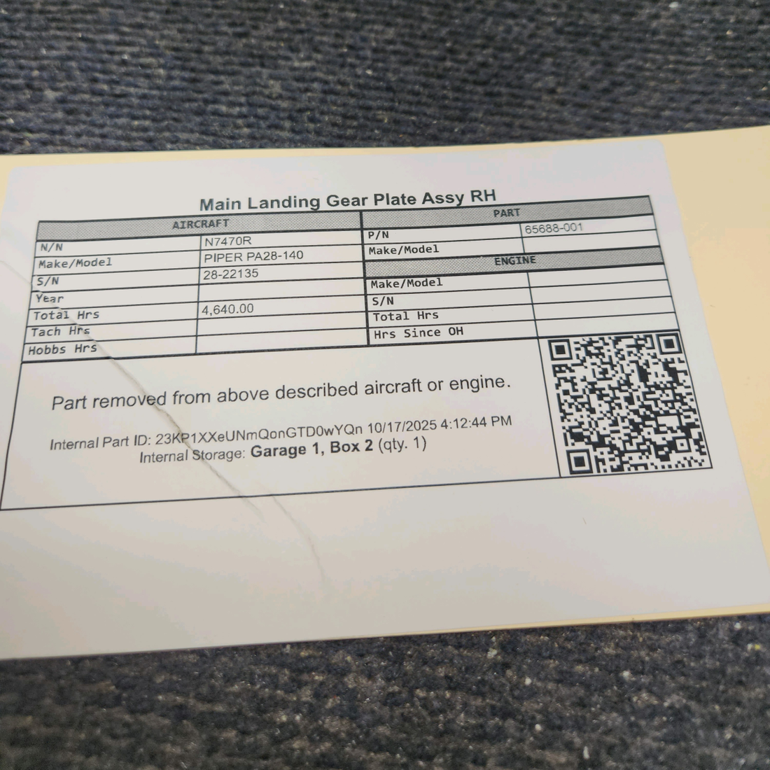 Used aircraft parts for sale, 65688-001 PIPER PA28-140 Main Landing Gear Plate Assy - RH