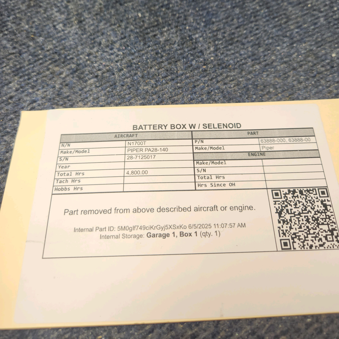 Used aircraft parts for sale, 63888-000 PIPER PA28-140 Battery Box w / Solenoid