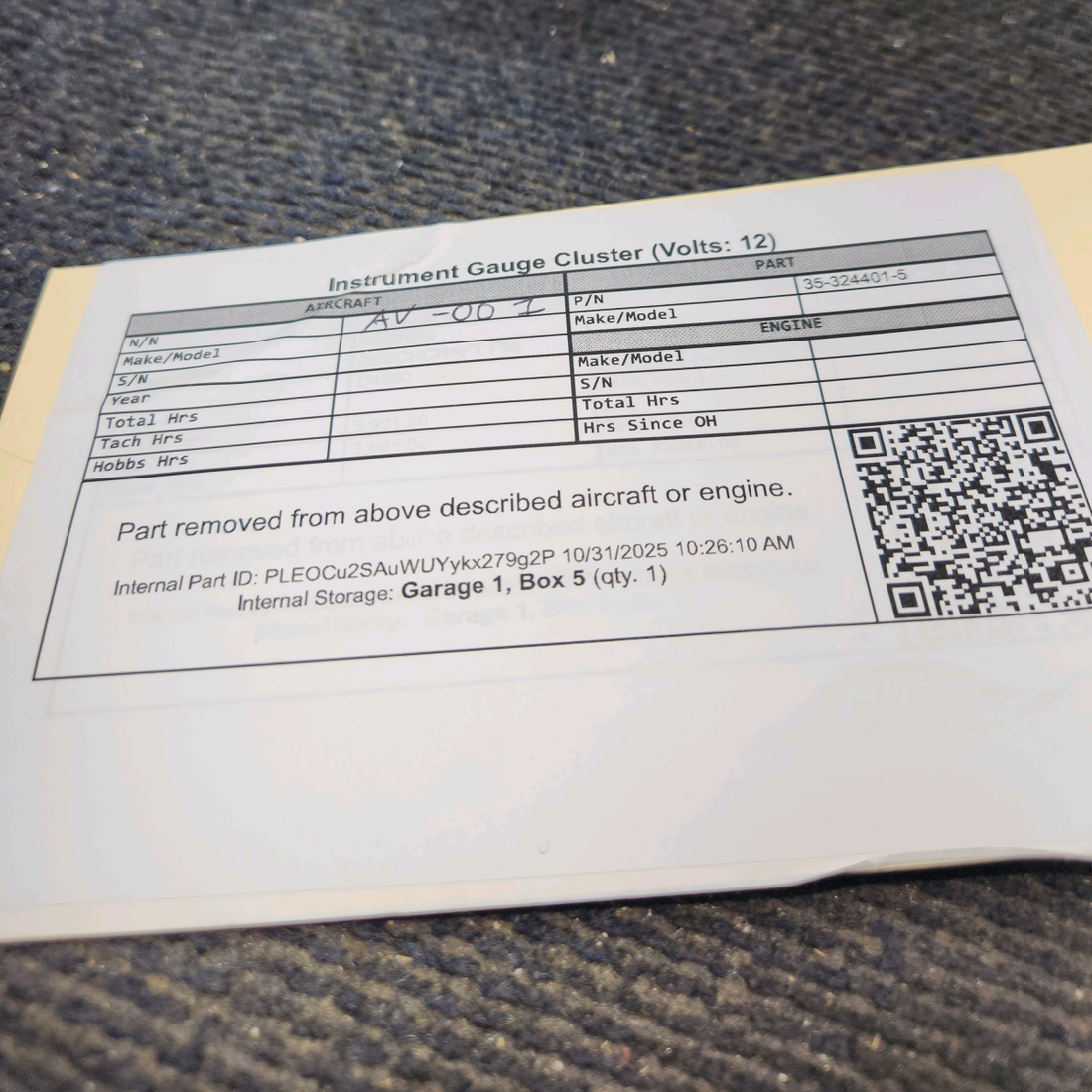 Used aircraft parts for sale, 35-324401-5 Beechcraft 35-B33 Instrument Gauge Cluster (Volts: 12)