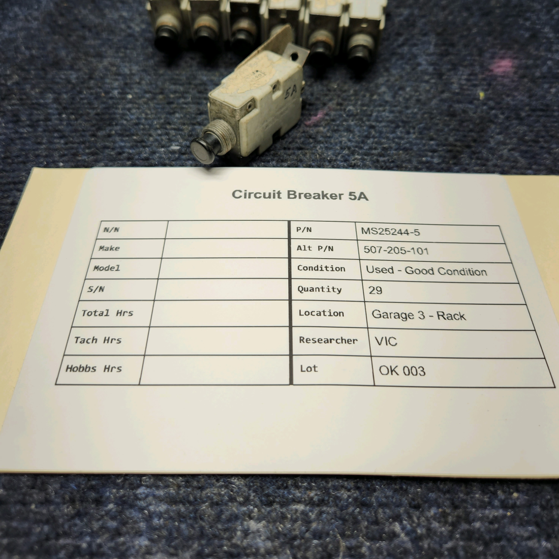Used aircraft parts for sale, MS25244-5 Mechanical Products CIRCUIT BREAKER 5A "PRICE PER EACH"