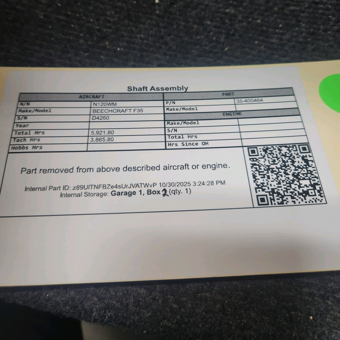 Used aircraft parts for sale, 35-400464 BEECHCRAFT F35 Shaft Assembly