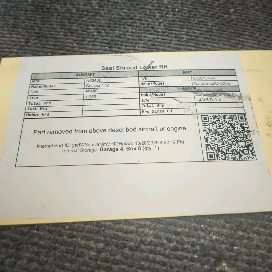 Used aircraft parts for sale, 0550157-30 Continental O-300-D Cessna 172 Seal Shroud Lower - RH
