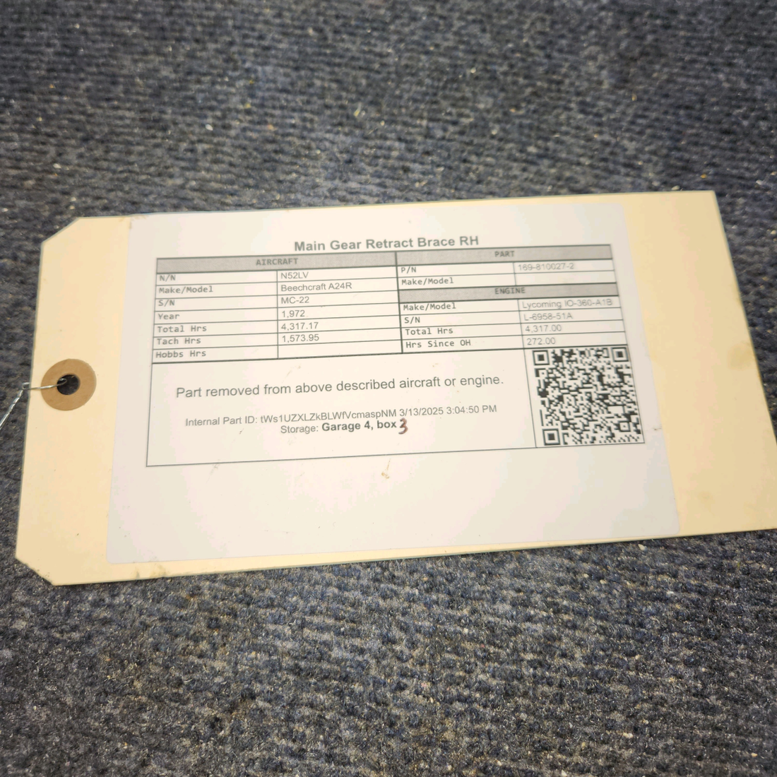 Used aircraft parts for sale, 169-810027-2 Beechcraft A24R Main Gear Retract Brace RH