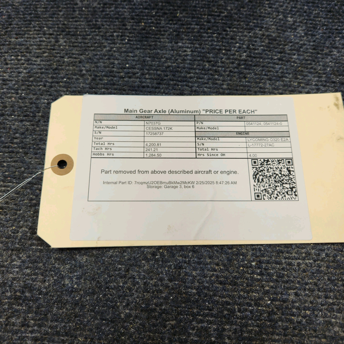 Used aircraft parts for sale, 0541124 CESSNA 172K MAIN GEAR AXLE (ALUMINUM) "PRICE PER EACH"