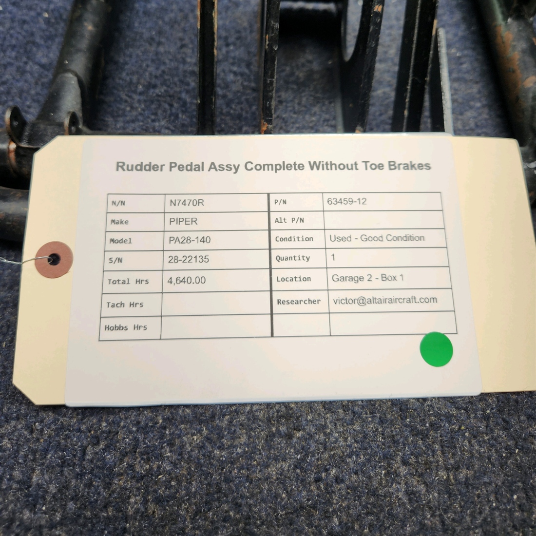 Used aircraft parts for sale, 63459-12 PIPER PA28-140 RUDDER PEDAL ASSY COMPLETE WITHOUT TOE BRAKES