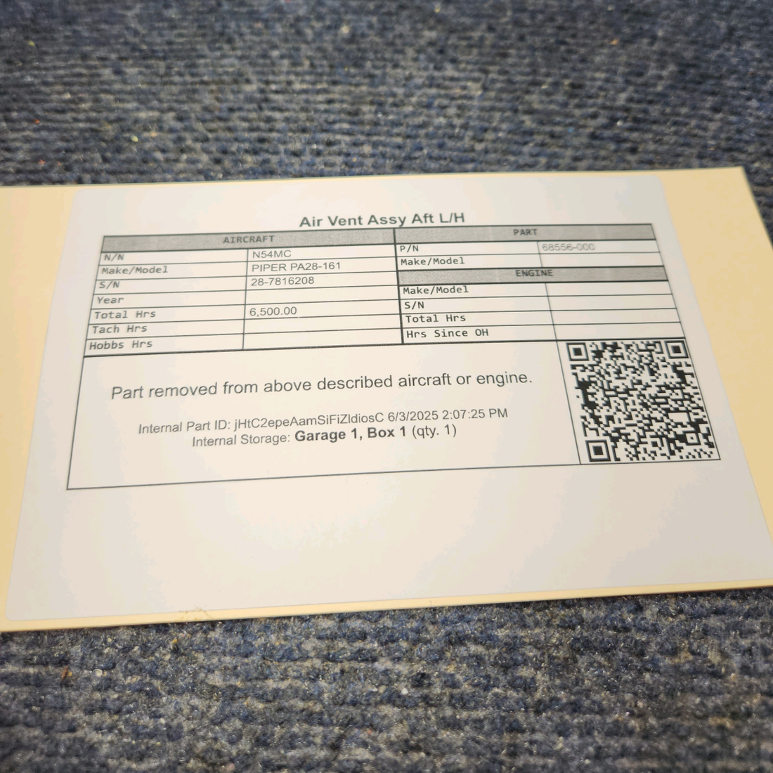 Used aircraft parts for sale, 68556-000 PIPER PA28-161 Air Vent Assy Aft L/H