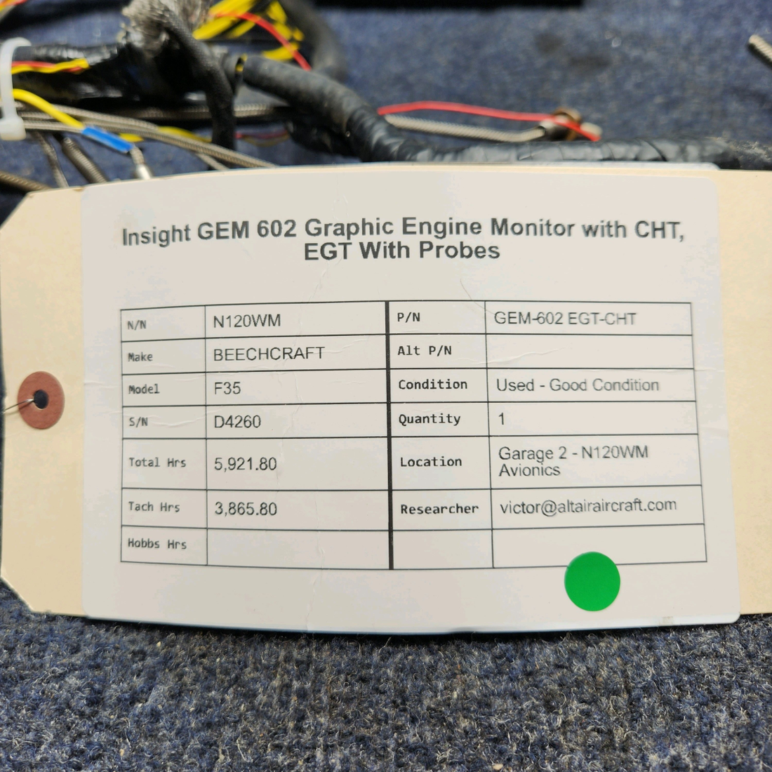 Used aircraft parts for sale, GEM-602 EGT-CHT BEECHCRAFT F35 INSIGHT GEM 602 GRAPHIC ENGINE MONITOR WITH CHT, EGT WITH PROBES.  AS REMOVED, WORKING WHEN REMOVED.