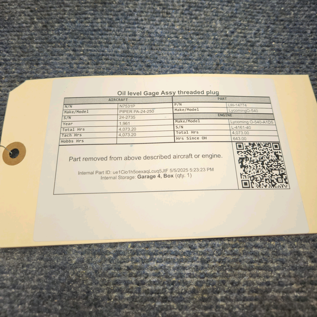 Used aircraft parts for sale, LW-14774 Lycoming O-540 PIPER PA-24-250 Oil level Gage Assy threaded plug