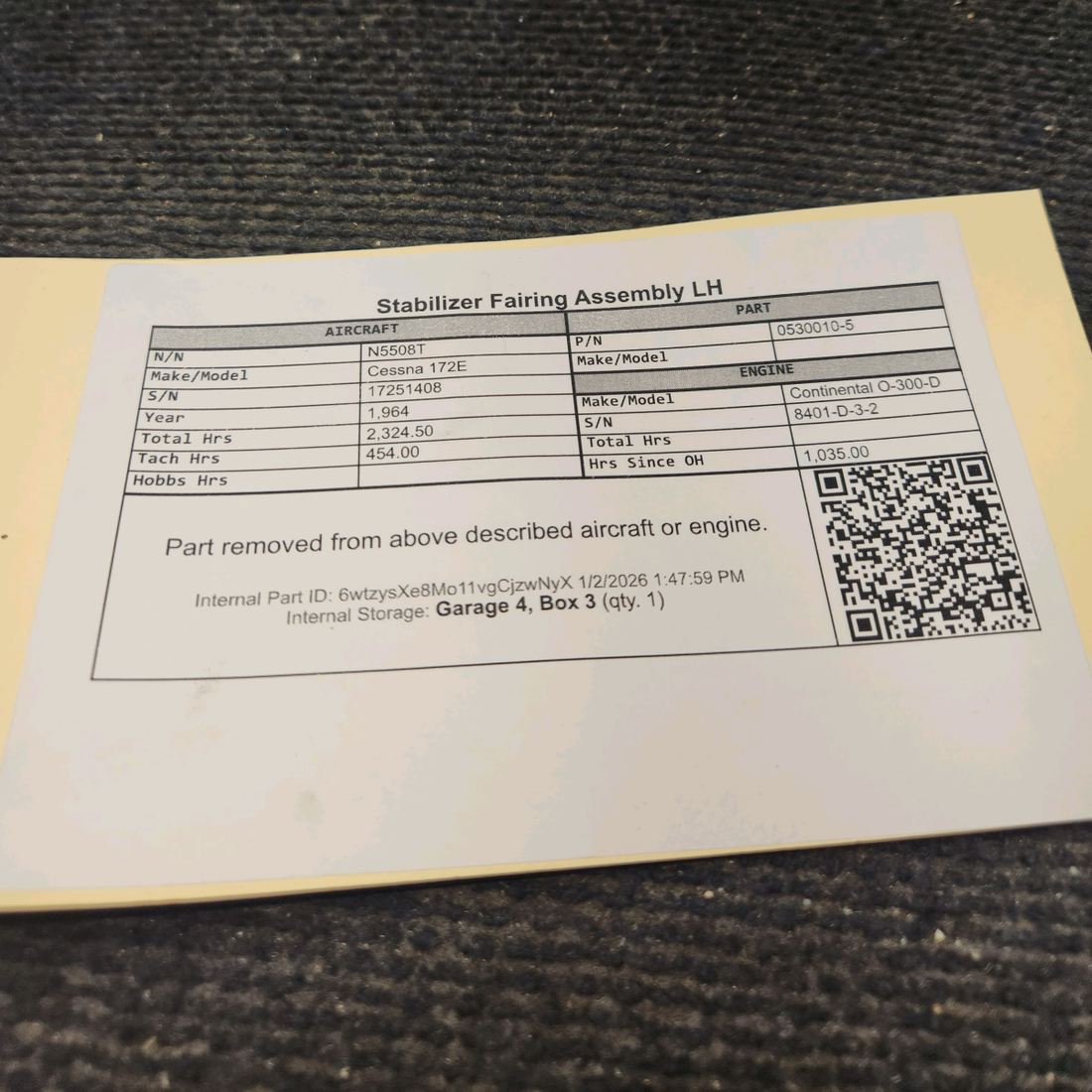 Used aircraft parts for sale, 0530010-5 Cessna 172E Stabilizer Fairing Assembly LH