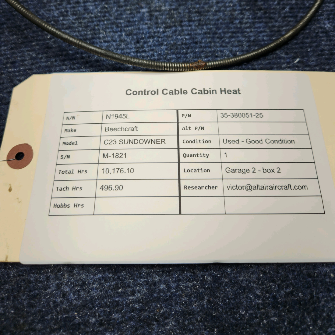 Used aircraft parts for sale, 35-380051-25 Beechcraft C23 SUNDOWNER CONTROL CABLE CABIN HEAT