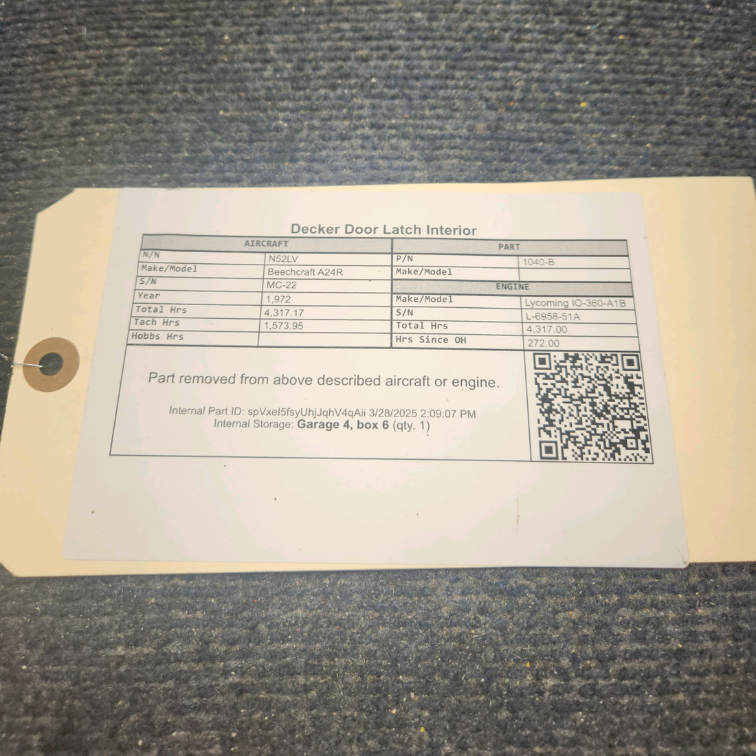 Used aircraft parts for sale, 1040-B Beechcraft A24R Decker Door Latch Interior