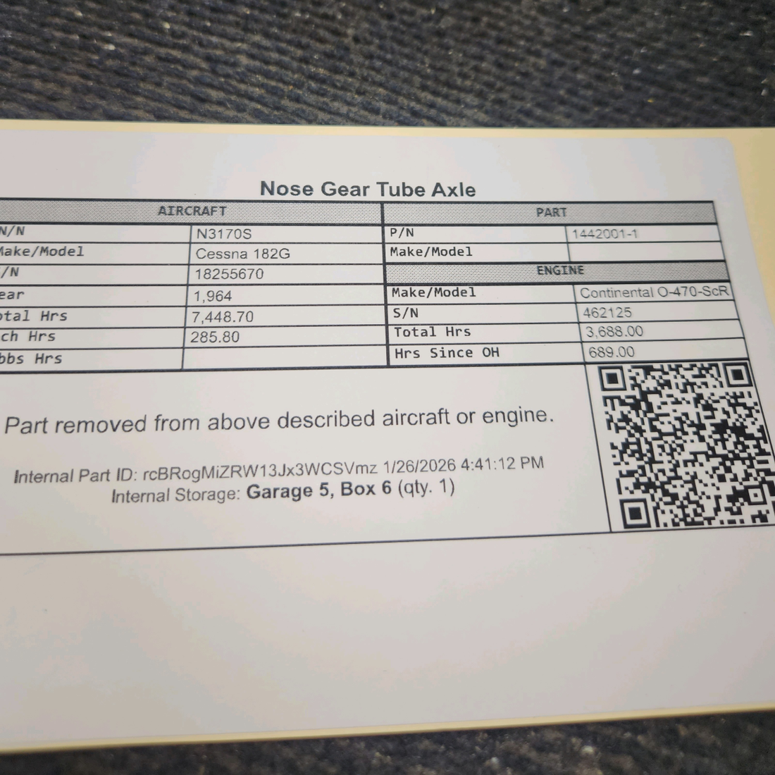 Used aircraft parts for sale, 1442001-1 Cessna 182G Nose Gear Tube Axle