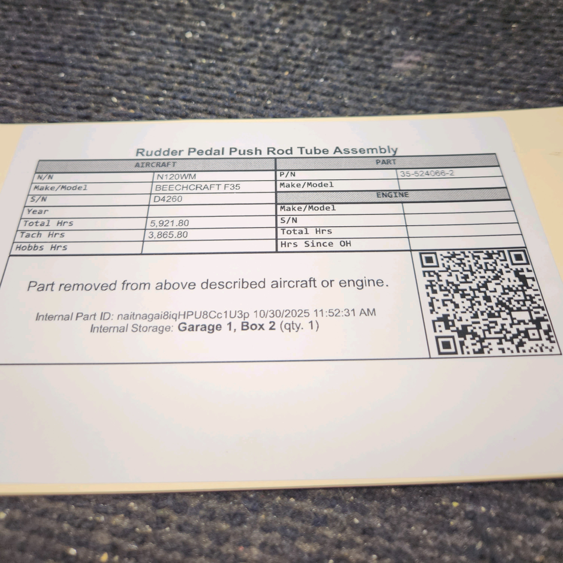 Used aircraft parts for sale, 35-524066-2 BEECHCRAFT F35 Rudder Pedal Push Rod Tube Assembly