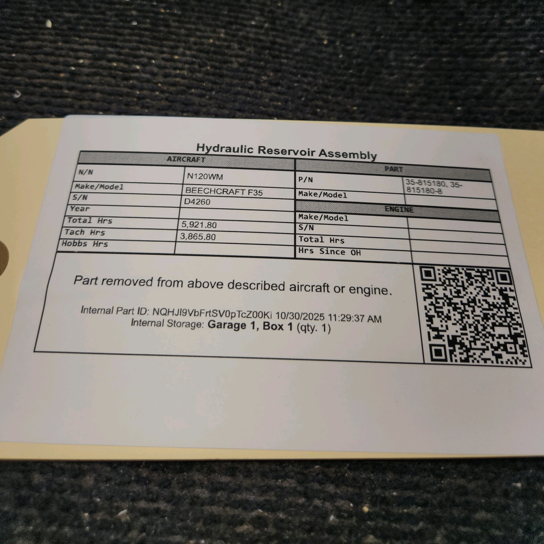 Used aircraft parts for sale, 35-815180 BEECHCRAFT F35 Hydraulic Reservoir Assembly