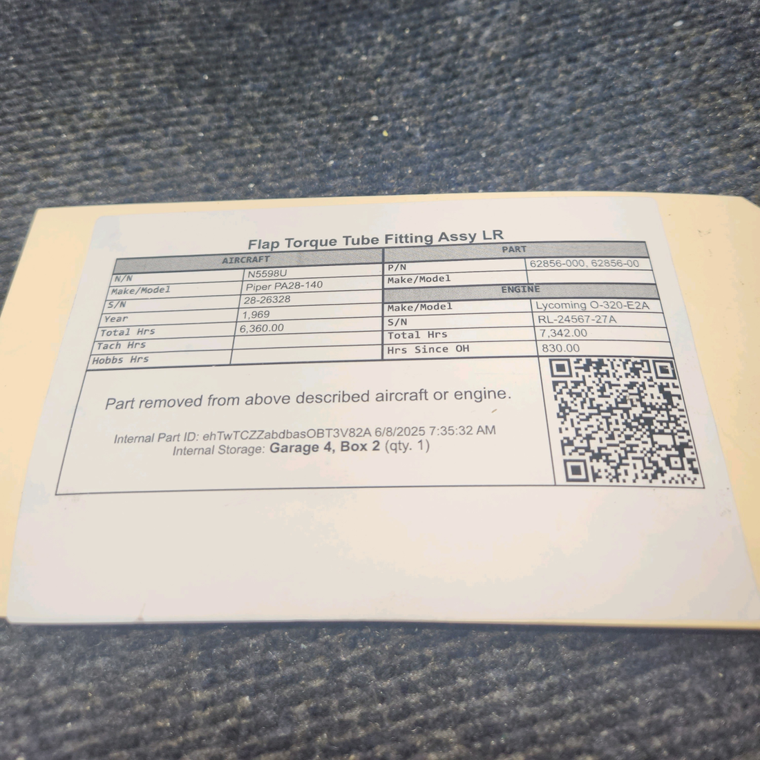 Used aircraft parts for sale, 62856-000 Piper PA28-140 Flap Torque Tube Fitting Assy LH