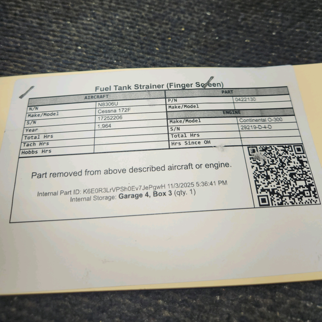 Used aircraft parts for sale, 0422130 Cessna 172F Fuel Tank Strainer (Finger Screen)