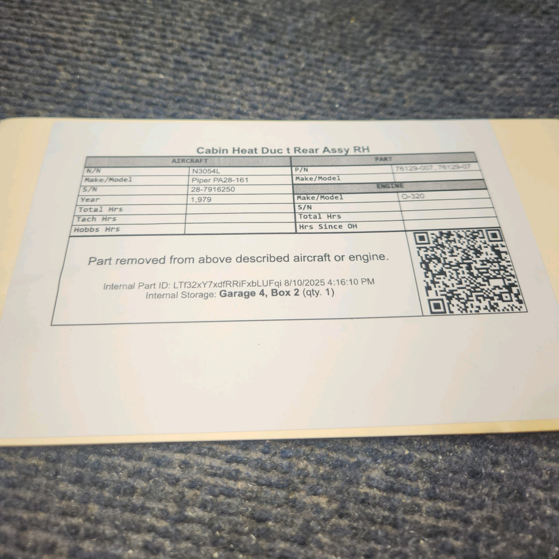 Used aircraft parts for sale, 76129-007 Piper PA28-161 Cabin Heat Duct Rear Assy - RH