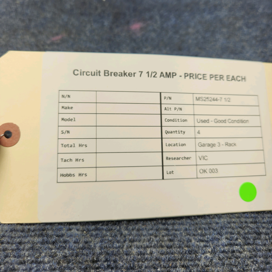 Used aircraft parts for sale, MS25244-7 1/2 Mecanical  products CIRCUIT BREAKER 7 1/2 AMP - PRICE PER EACH