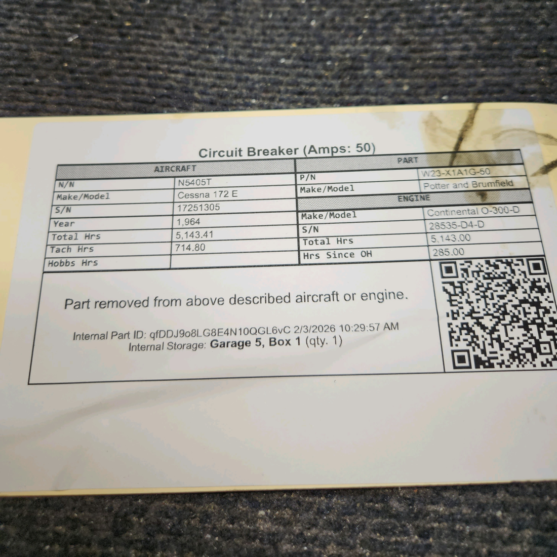 Used aircraft parts for sale, W23-X1A1G-50 Tyco Electronics Cessna 172E Circuit Breaker, 50 Amps