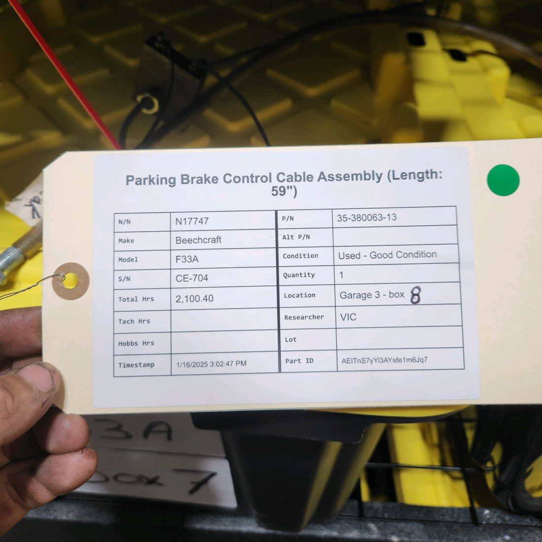 Used aircraft parts for sale, 35-380063-13 Beechcraft F33A PARKING BRAKE CONTROL CABLE ASSEMBLY (LENGTH: 59")