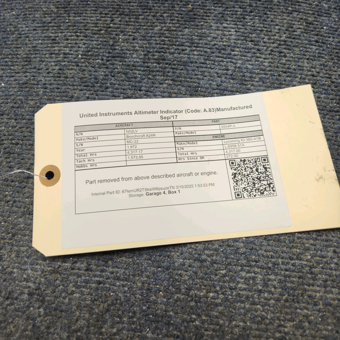 Used aircraft parts for sale, 5934P-3 United Instruments Beechcraft A24R Altimeter Indicator (Code: A.83)Manufactured Sep/17