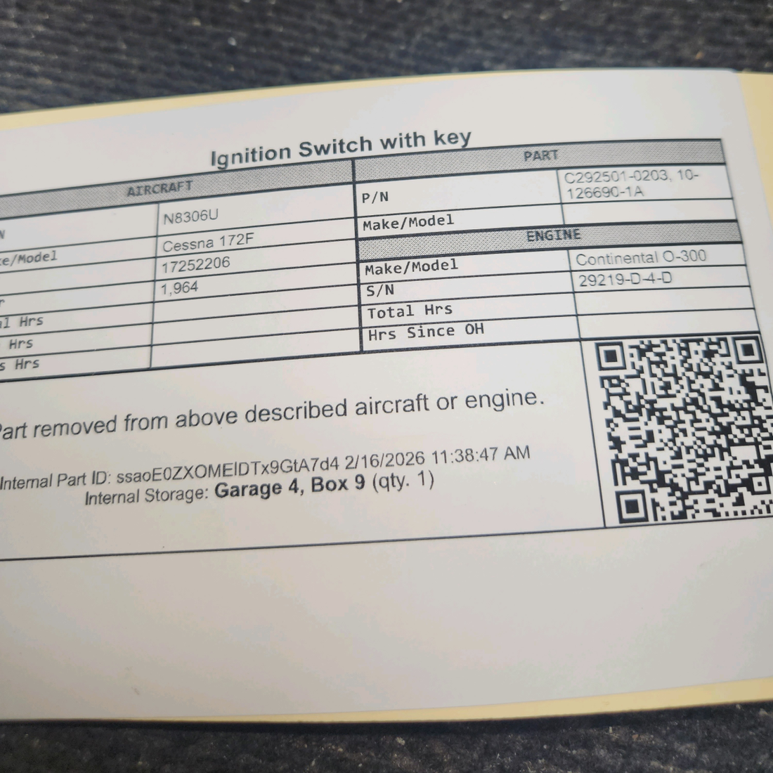 Used aircraft parts for sale, C292501-0203 Cessna 172F Ignition Switch with key