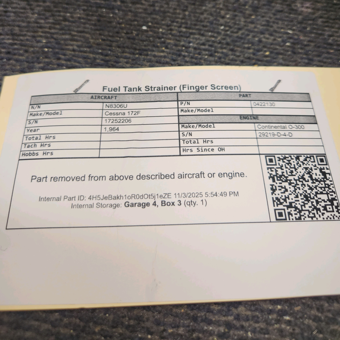 Used aircraft parts for sale, 0422130 Cessna 172F Fuel Tank Strainer (Finger Screen)