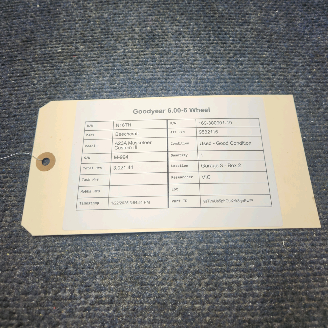 Used aircraft parts for sale, 169-300001-19 Goodyear 6.00-6 Beechcraft A23A Musketeer Custom III WHEEL