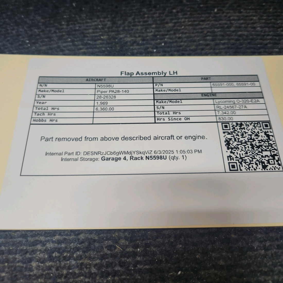 Used aircraft parts for sale, 65591-000 Piper PA28-140 Flap Assembly LH