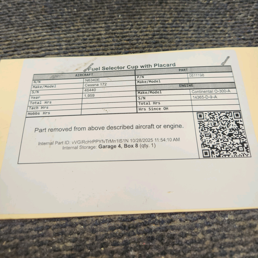 Used aircraft parts for sale, 0511198 Cessna 172 Fuel Selector Cup with Placard