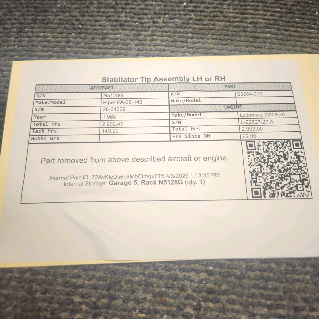 Used aircraft parts for sale, 63584-010 Piper PA-28-140 Stabilator Tip Assembly LH or RH