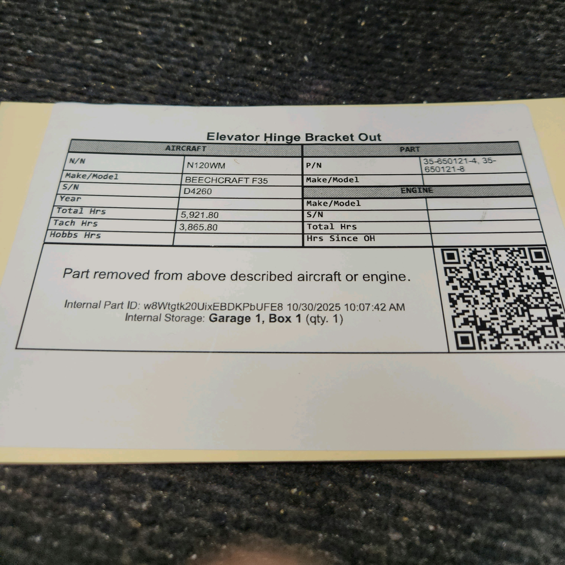 Used aircraft parts for sale, 35-650121-4 BEECHCRAFT F35 Elevator Hinge Bracket Out