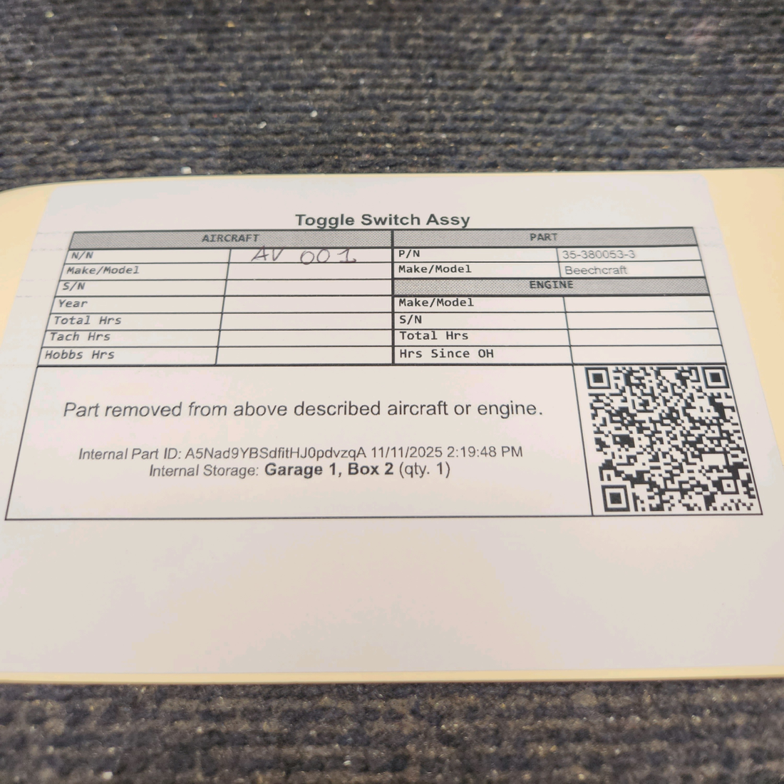 Used aircraft parts for sale, 35-380053-3 Beechcraft 95-B55 Toggle Switch Assy