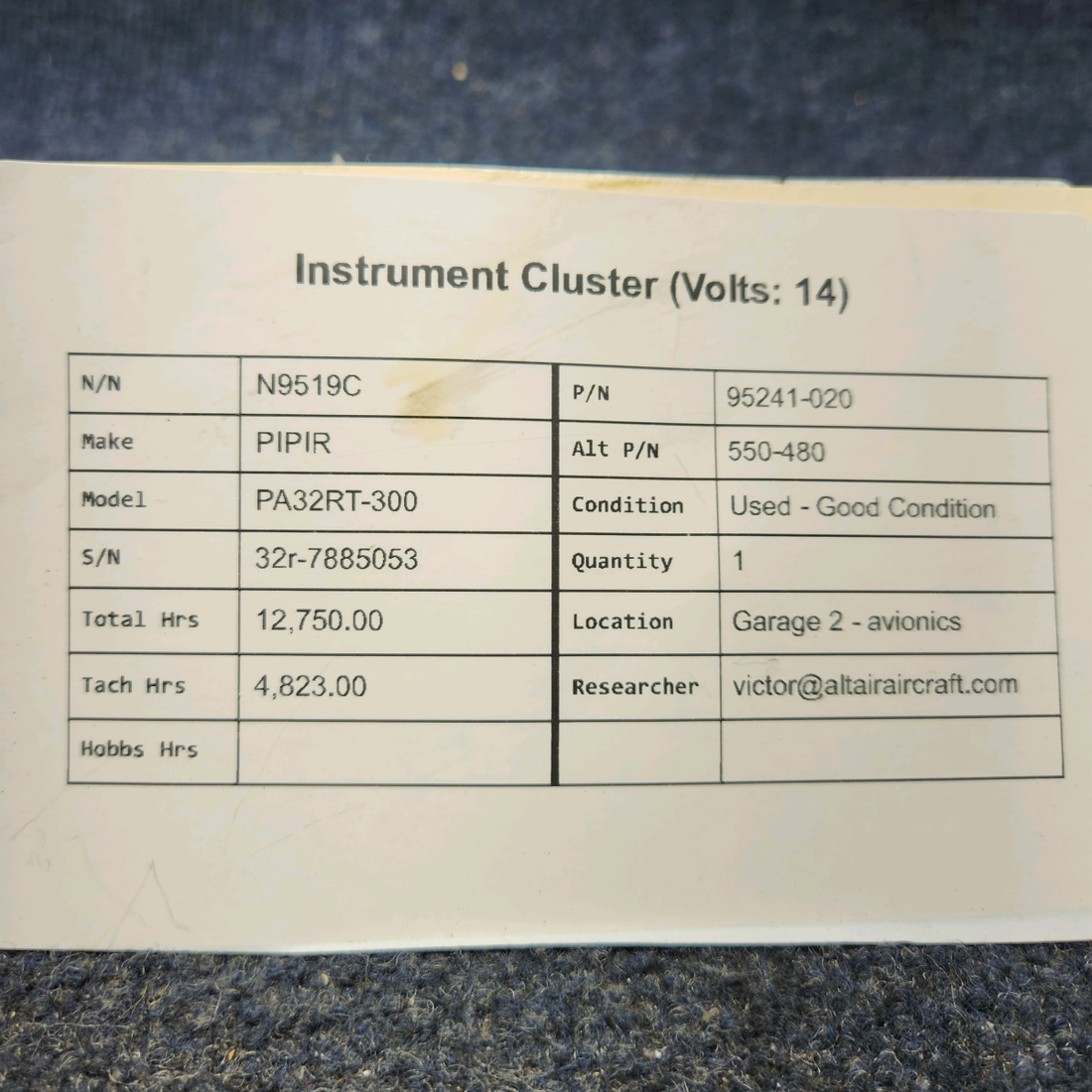 Used aircraft parts for sale, 95241-020 PIPIR PA32RT-300 INSTRUMENT CLUSTER (VOLTS: 14)