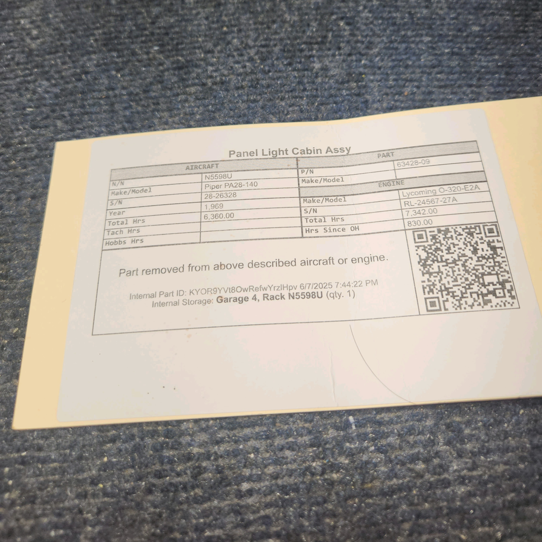 Used aircraft parts for sale, 63428-09 Piper PA28-140 Panel Light Cabin  Assy