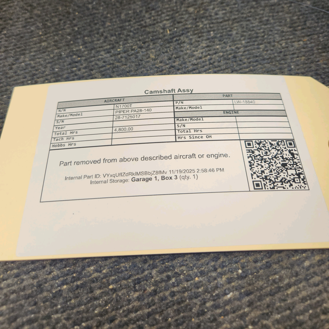 Used aircraft parts for sale, LW-18840 Lycoming O-320 PIPER PA28-140 Camshaft Assy