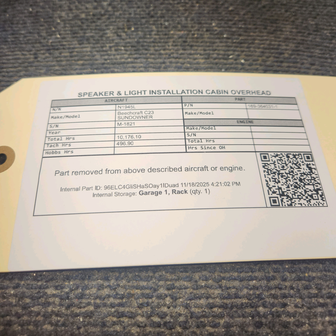 Used aircraft parts for sale, 169-364031-1 Beechcraft C23 SUNDOWNER Speaker & Light Cabin Overhead Cover