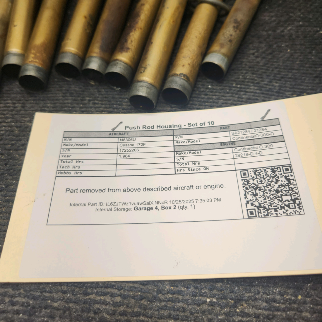 Used aircraft parts for sale, SA21284 / 21284 Continental O-300-D Cessna 172F Push Rod Housing - Set of 10