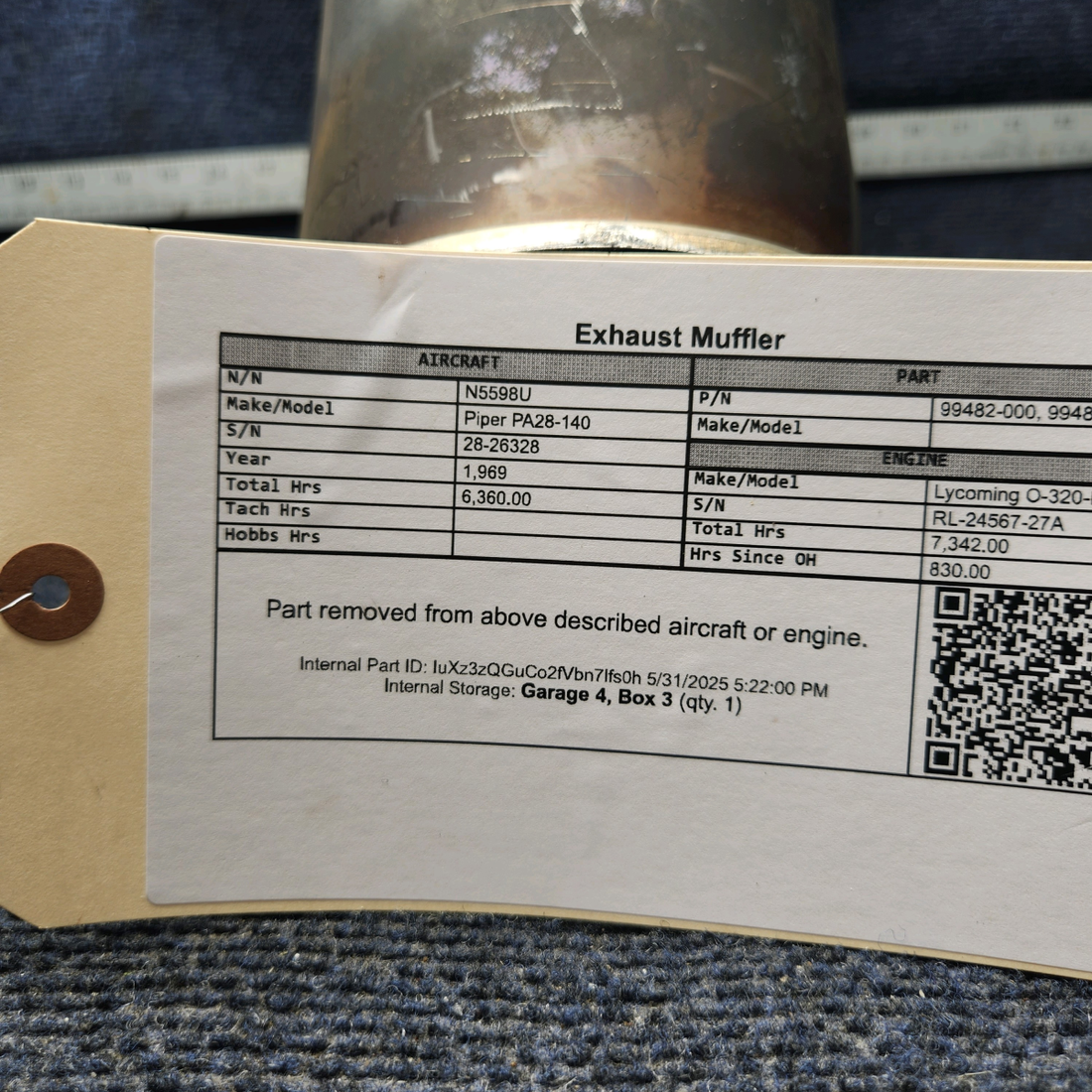 Used aircraft parts for sale, 99482-000 Piper PA28-140 Exhaust Muffler