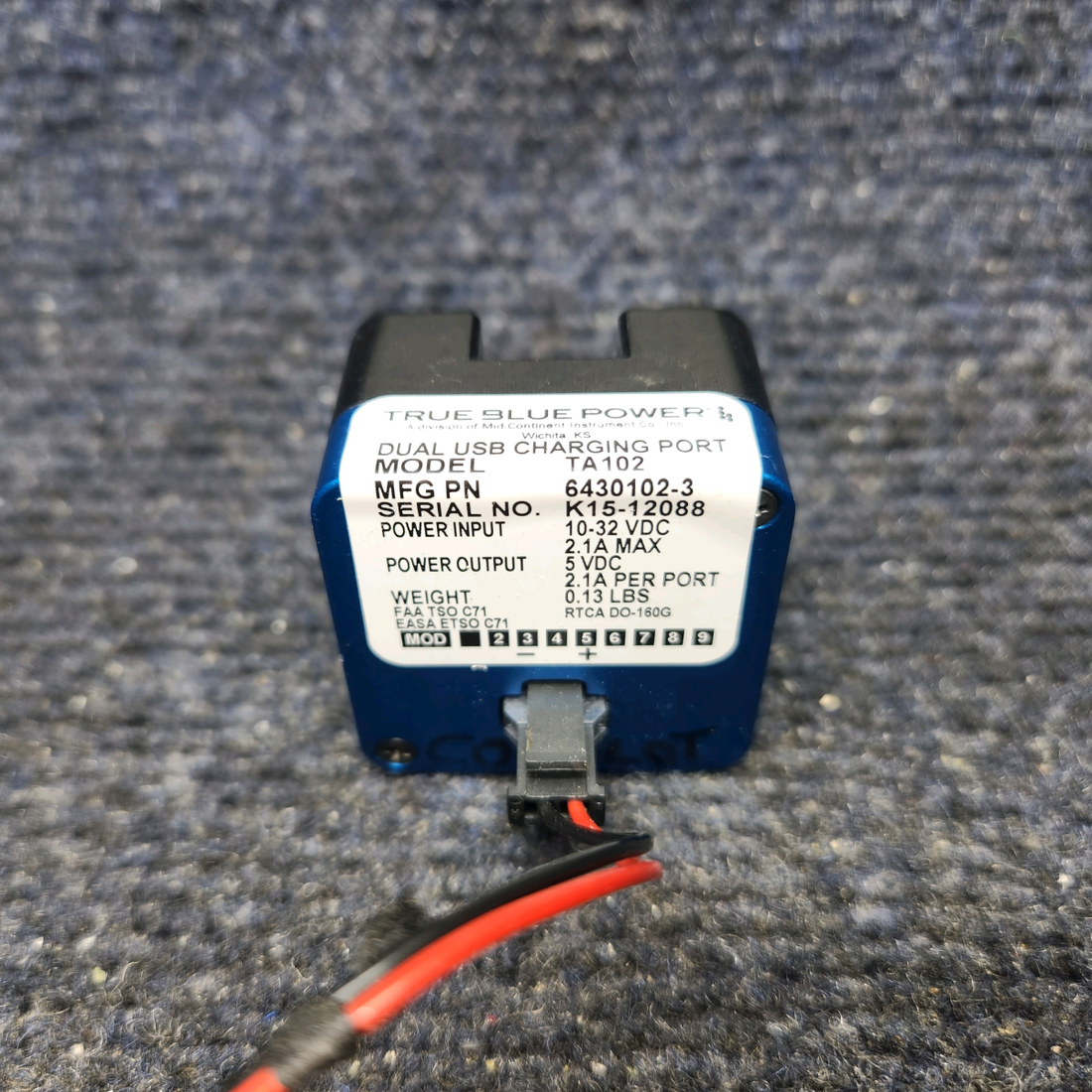 Used aircraft parts for sale, 6430102-3 Mid-Continent TA102 PIPER PA-24-250 Dual USB Charging Port w Mod (10-32V, 2.1A)