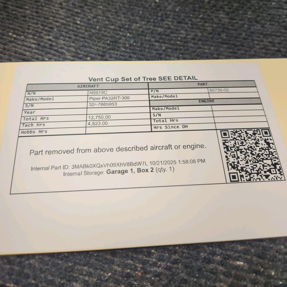 Used aircraft parts for sale, 65735-02 Piper PA32RT-300 Vent Cup – Set of Three (See Details)