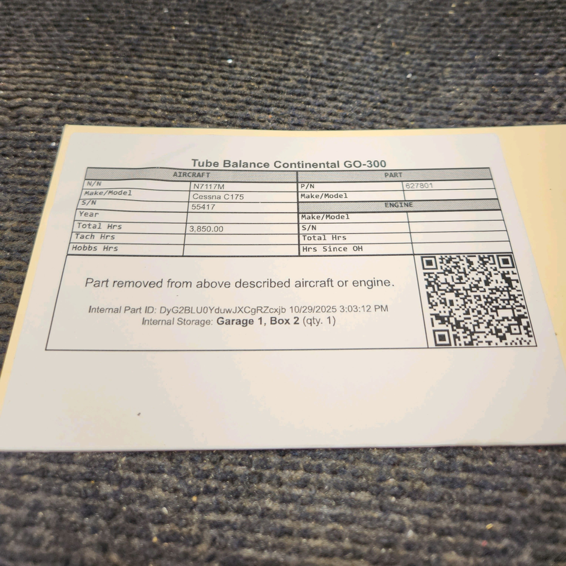 Used aircraft parts for sale, 627801 Continental GO-300 Cessna C175 Tube Balance